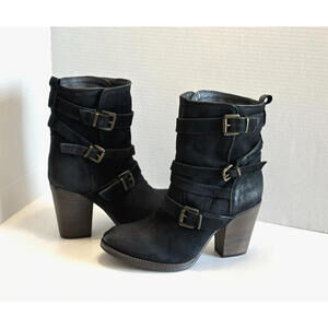 Steve Madden Yale Women's Boho Black Leather Buckle Strap Heeled Boots Sz 9.5 B